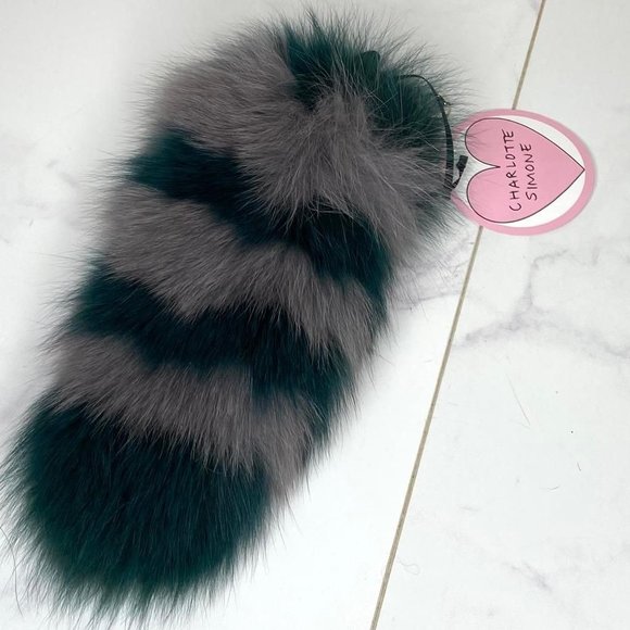 Charlotte Simone Gray & Teal FOX FUR Goody Gumdrops Striped Bag Charm Keychain - Picture 3 of 5